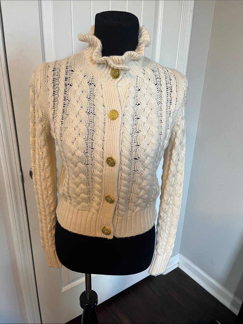 J. Crew Cream Cable-Knit Ruffle Collar Cardigan with Gold Buttons - Picture 5 of 5